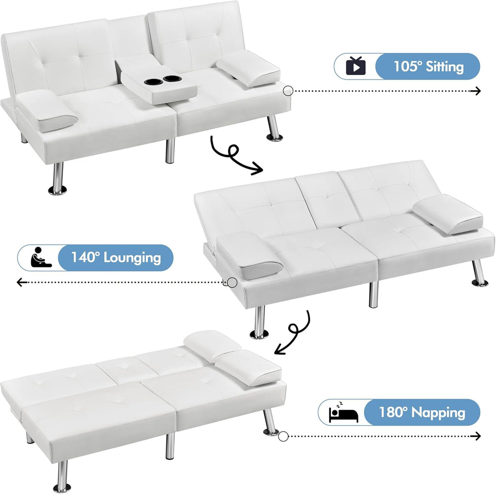 Yaheetech Convertible Sofa Bed Adjustable Couch Sleeper Modern Faux Leather Home Recliner Reversible Loveseat Folding Daybed Guest Bed, Removable Armrests, Cup Holders, 3 Angles, 772lb Capacity, Brown wourant