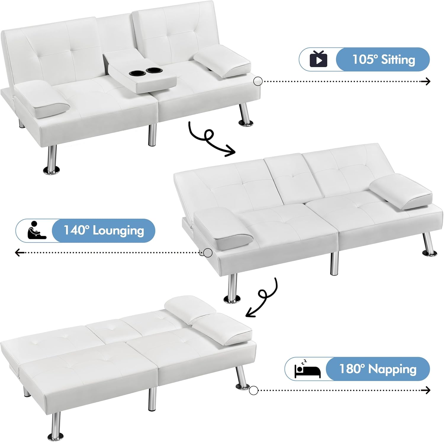 Yaheetech Convertible Sofa Bed Adjustable Couch Sleeper Modern Faux Leather Home Recliner Reversible Loveseat Folding Daybed Guest Bed, Removable Armrests, Cup Holders, 3 Angles, 772lb Capacity, Brown wourant