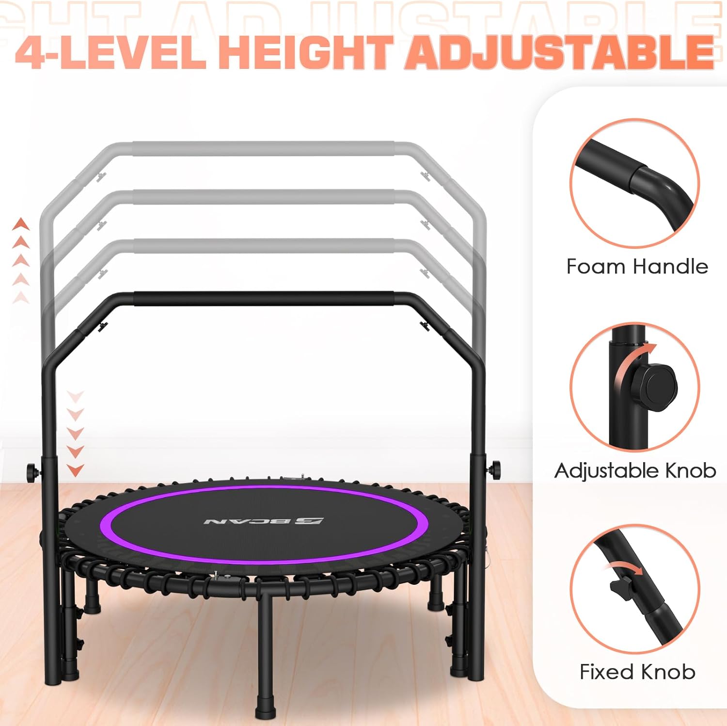 BCAN 450/550 LBS Foldable Mini Trampoline, 40"/48" Fitness Trampoline with Bungees, U Shape Adjustable Foam Handle, Stable & Quiet Exercise Rebounder for Adults Indoor/Outdoor Workout wourant