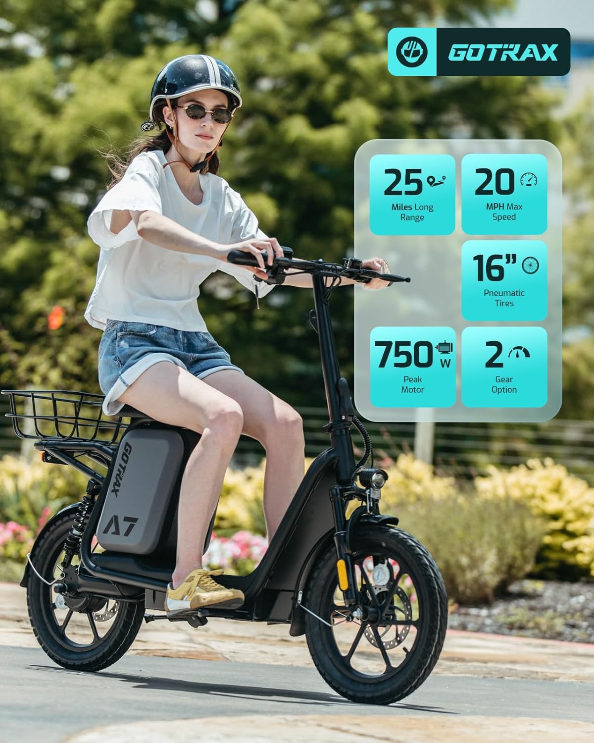Gotrax adult electric scooter with seat, maximum range of 19-25 miles, all-terrain tires, wide pedals, padded seat, and carrycot wourant
