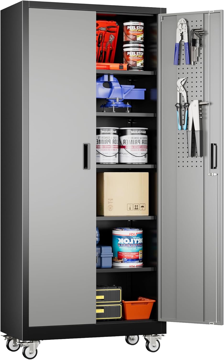 Aobabo 73''H Metal Garage Storage Cabinet with Wheels,Steel Cabinets with 2 Doors and 4 Adjustable Shelves for Home Office,Required Assembly,Black wourant