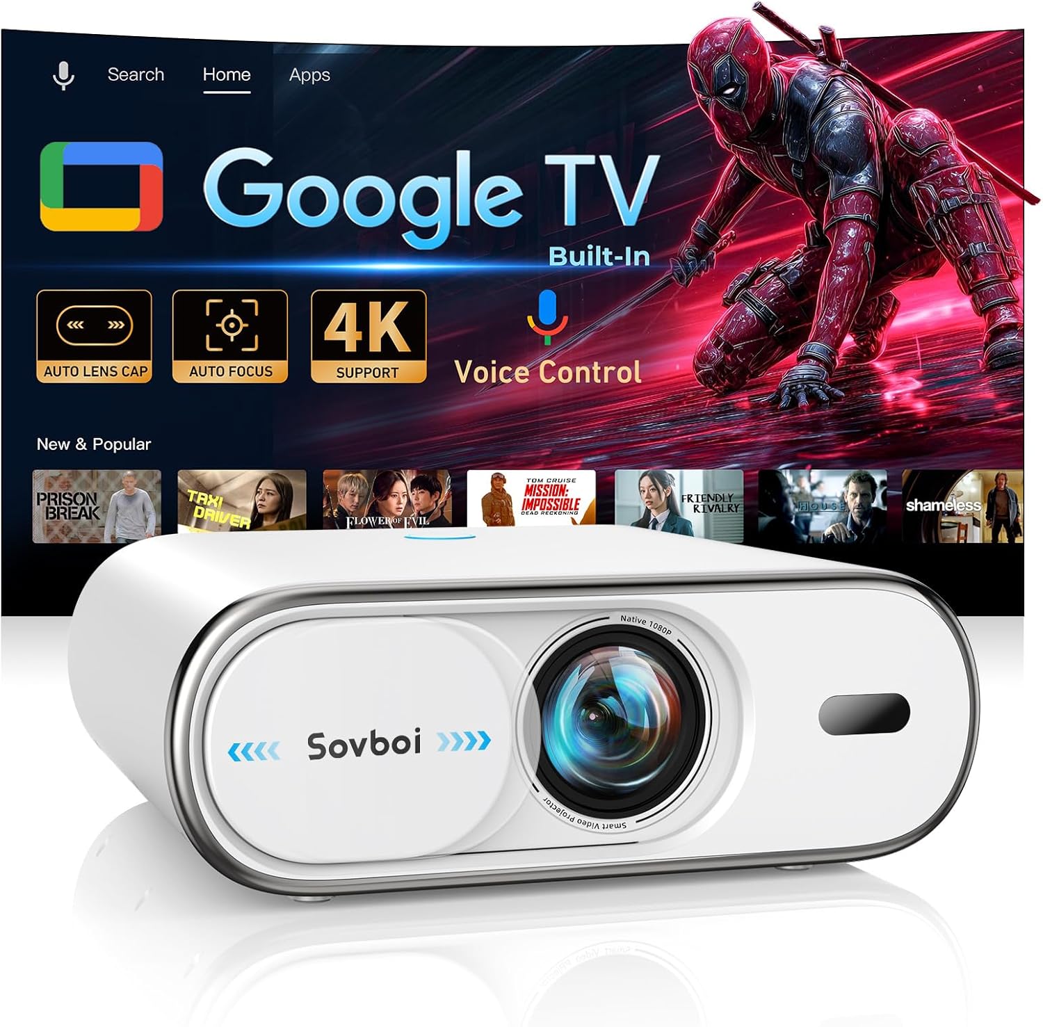 4K Projector Built-in Google TV: 2500 ANSI/Auto Lens Cap & 4D Keystone/Auto Focus wourant