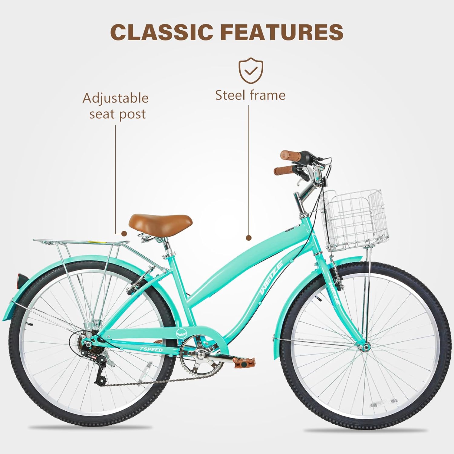 WEIZE Beach Cruiser Bike, 26 inch Commuter Bicycle for Adult Men and Women, 7-Speed/High-Carbon Steel/Front & Rear Fenders, Comfortable City Bikes with Rear Rack or Basket, Ergonomic Upright Design wourant