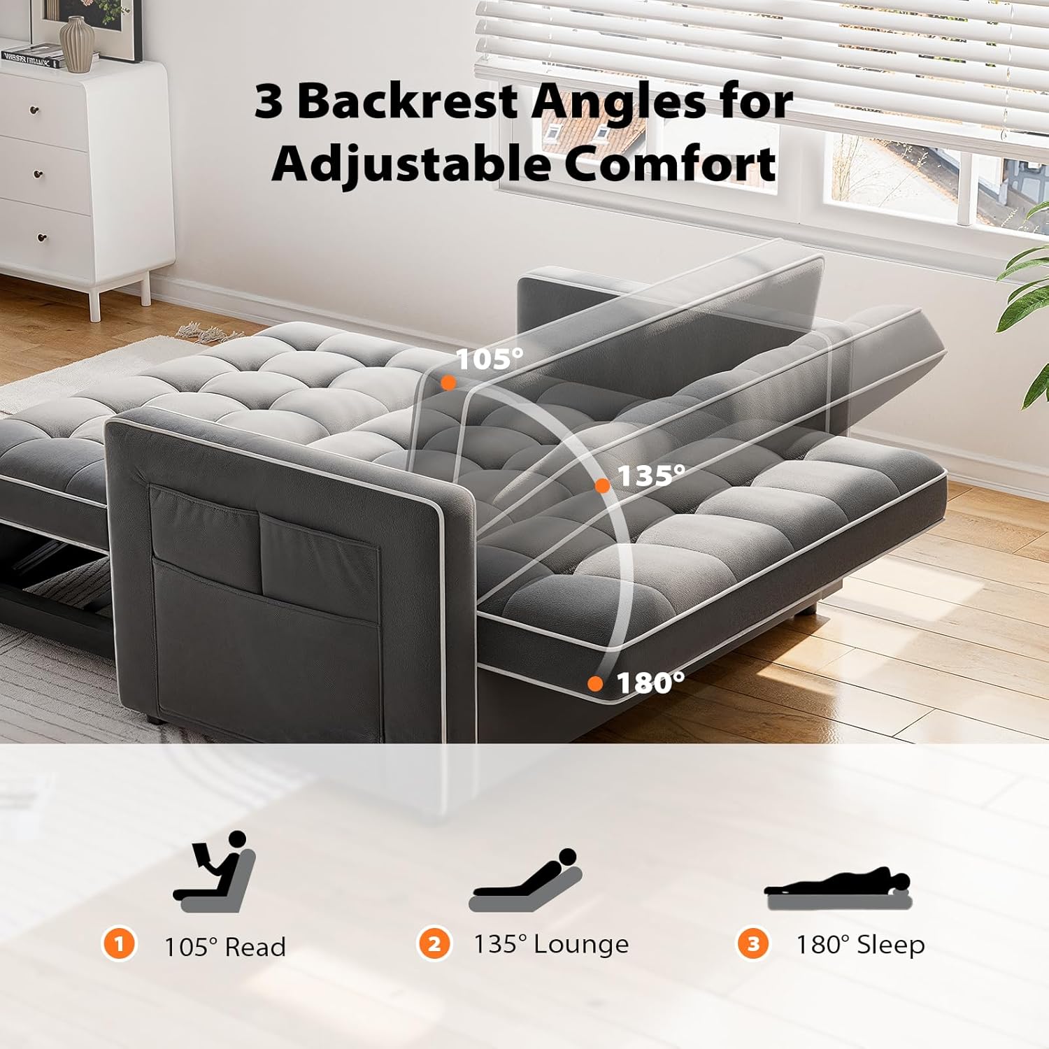 Pipishell 3 in 1 Convertible Sleeper Sofa Bed,Pull Out Couch for Living Room with USB Ports & Side Pockets,Adjustable Backrest,Velvet,Loveseat Sofa Bed,Futon Couches,Black wourant