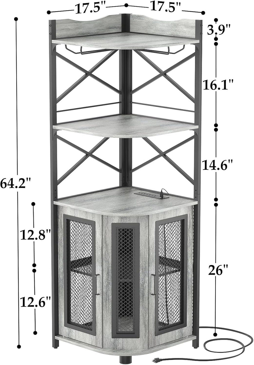 Corner bar cabinet with power socket, industrial style wine cabinet with LED light strip and glass rack, home five-layer wine cabinet bar unit, small space corner display cabinet wourant