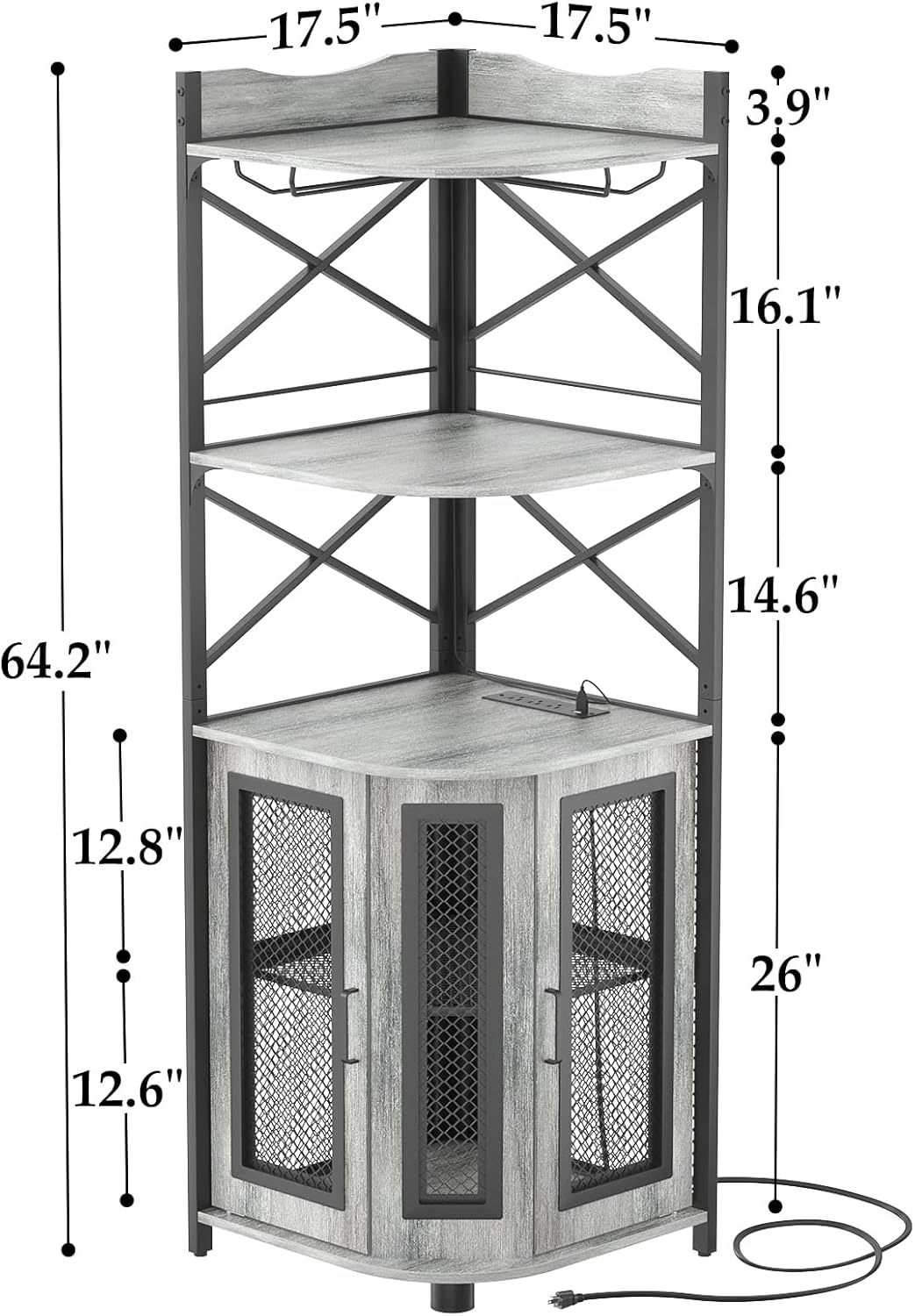 Corner bar cabinet with power socket, industrial style wine cabinet with LED light strip and glass rack, home five-layer wine cabinet bar unit, small space corner display cabinet wourant