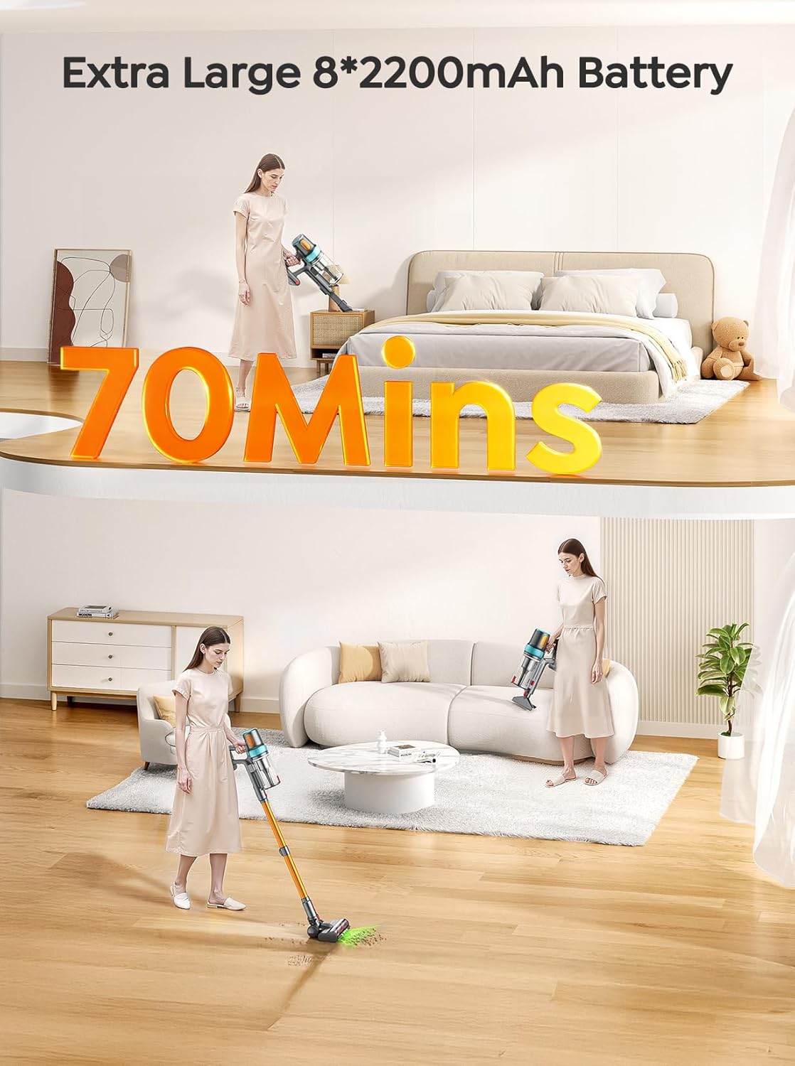 Cordless Vacuum Cleaner, 650W 55KPA 70Mins Vacuum Cleaners for Home, Upgraded Stick Vacuum with 3.3Ft Extendable Hose, LED Touch Screen, Wall Charging Station, Auto Mode for Carpet Pet Hair Hard Floor woonhhop