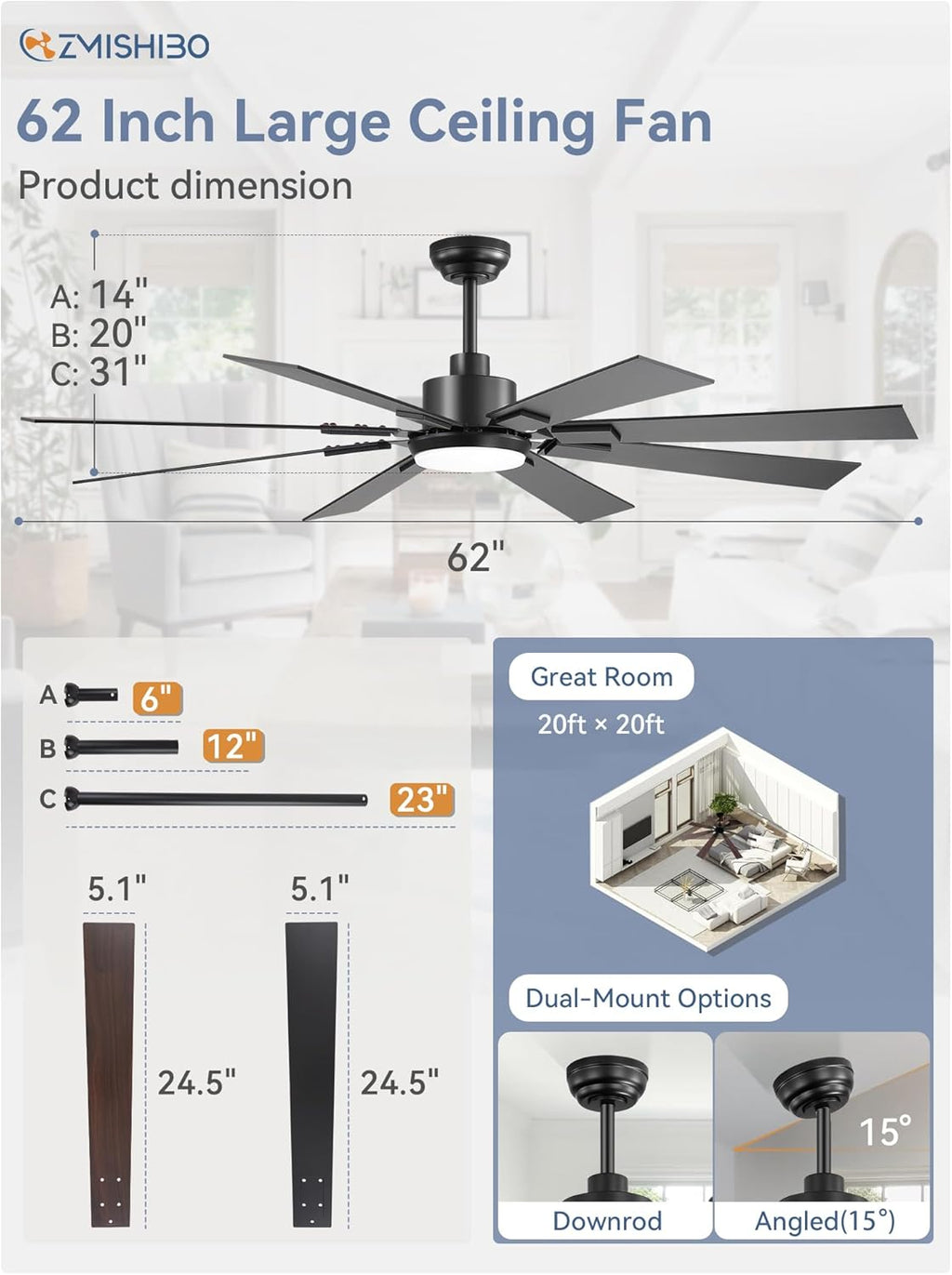 ZMISHIBO 72 inch Large Ceiling Fans with Lights and Remote, Indoor/Outdoor Black Modern Ceiling Fan for Kitchen Living Room Patio, 6 Speed Reversible Quiet DC Motor, 3 CCT, Dual Finish 8 Blades wourant