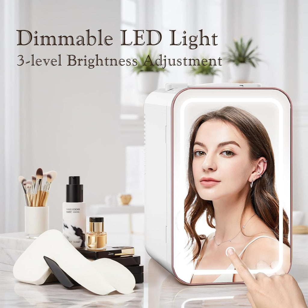 Skincare Fridge, 6L/10 Can Mini Fridge for Bedroom with Dimmable LED Mirror, Portable Cooler & Warmer Small Compact Refrigerator for Skincare, Cosmetics, Bedroom and Office, White wourant