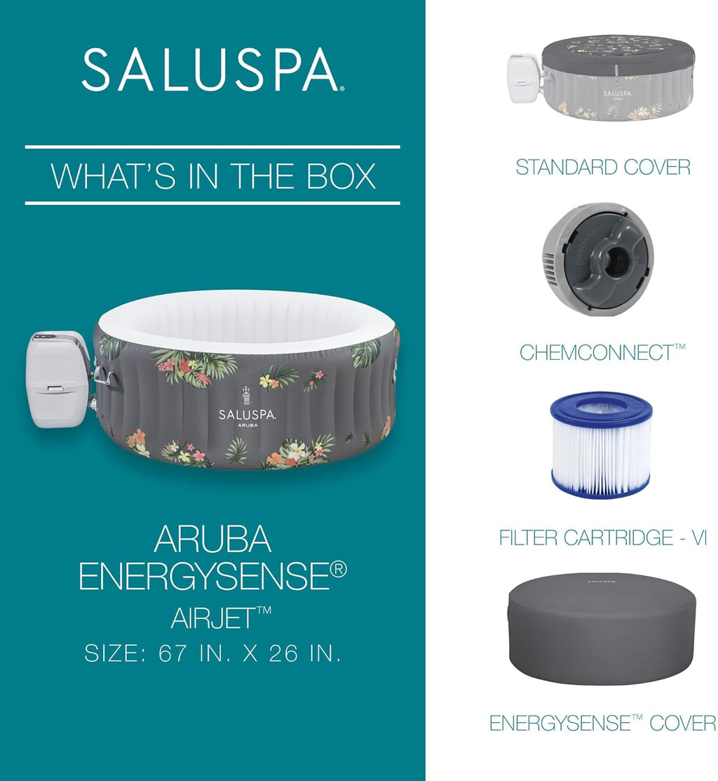 SaluSpa Aruba AirJet Large Round 2 to 3 Person Inflatable Hot Tub Portable Outdoor Spa with 110 AirJets and EnergySense Cover, Grey wourant