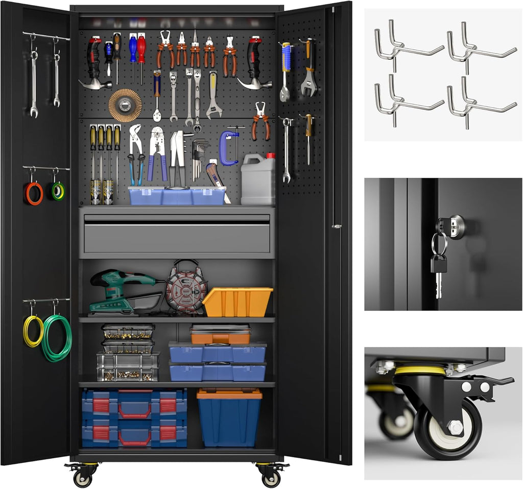 Metal Storage Cabinet with Pegboard 71'' x 34'' x 18'',Lockable Steel Storage Cabinet with 5 Adjustable Shelves and Door for Garage, Office, Kitchen, Assembly Required(Black) wourant