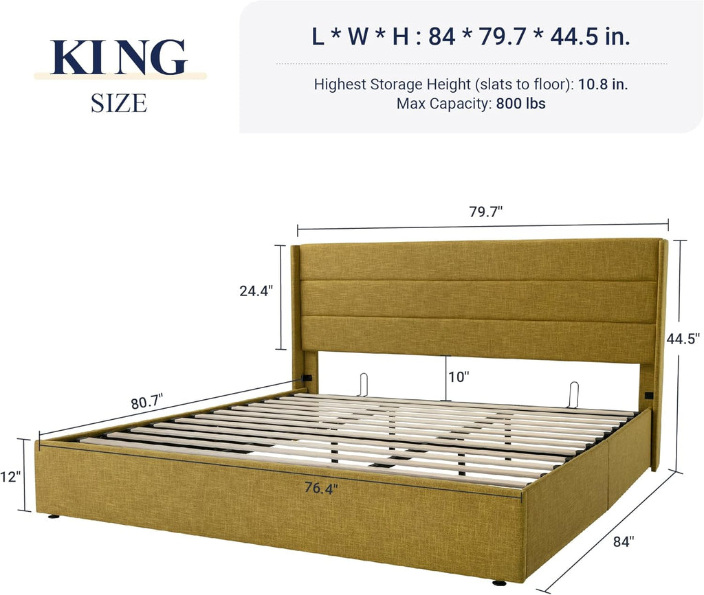 Allewie Queen Size Lift Up Storage Bed Modern Wingback Headboard Hydraulic Support wourant