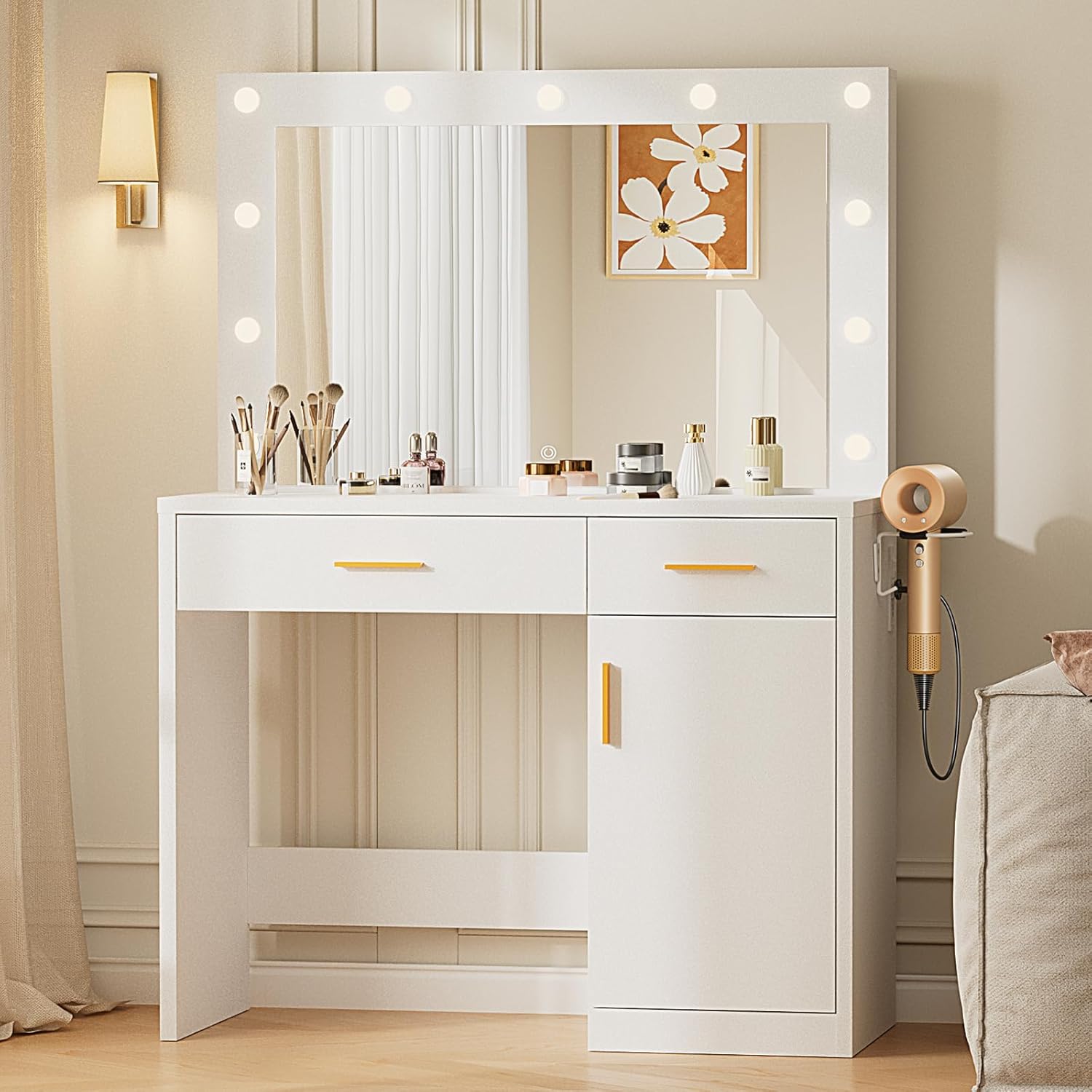 Sweetcrispy Vanity Desk with 35.4" LED Mirror and Lights, Makeup Vanity Table wourant