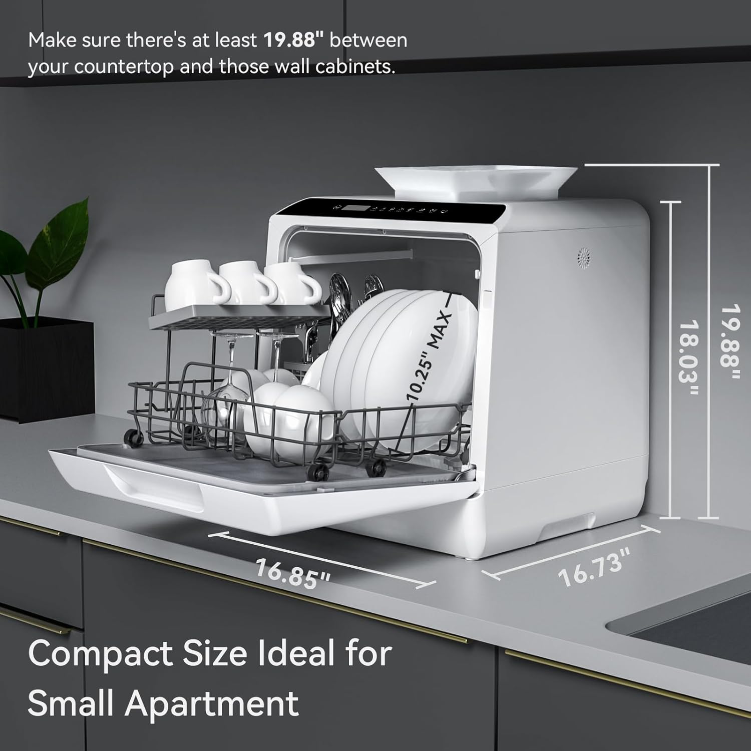 Hermitlux Countertop Dishwasher, 7 Washing Programs Portable Mini Dishwasher with 5-Liter Built-in Water Tank for Apartments & RVs, LED Light, Glass Door, No Hookup Needed wourant