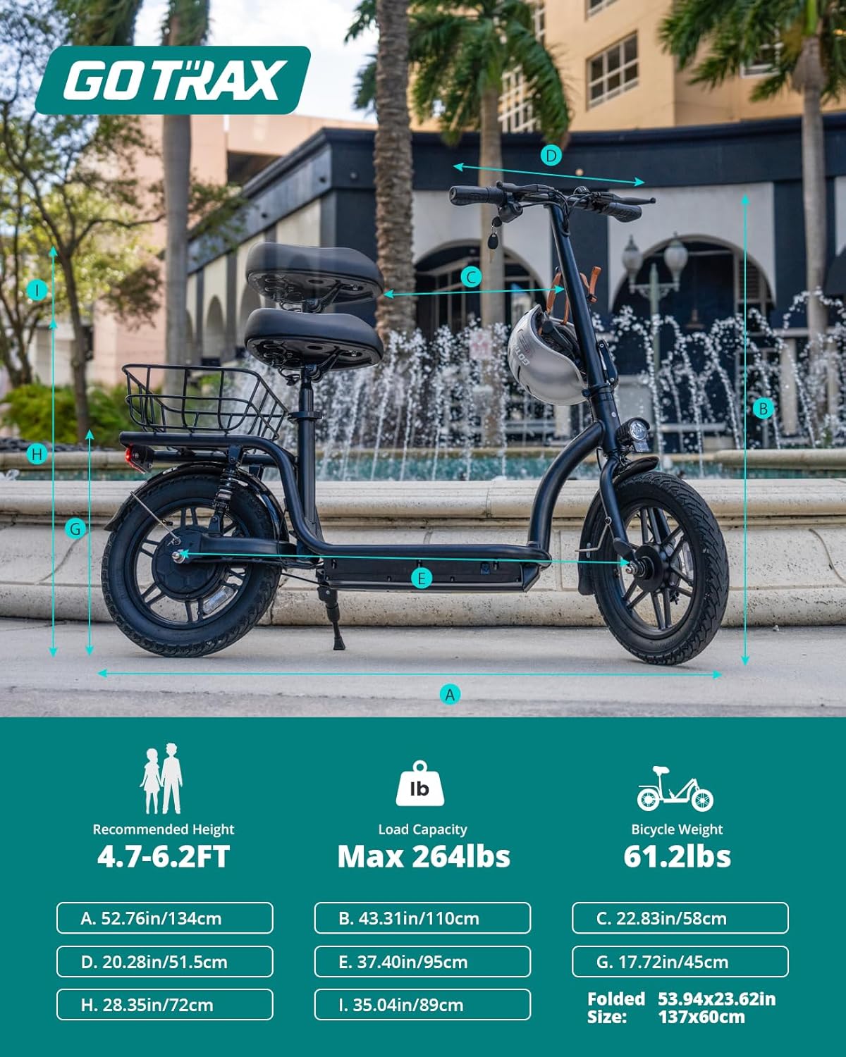 Gotrax adult electric scooter with seat, maximum range of 19-25 miles, all-terrain tires, wide pedals, padded seat, and carrycot wourant