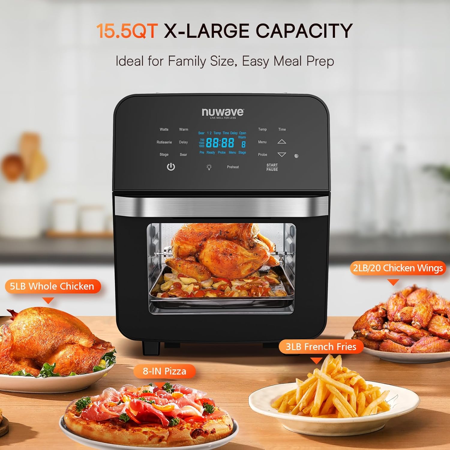 Nuwave Brio 15.5Qt Air Fryer/Oven quickly reheats, bakes, and dehydrates food with a temperature control range of 50°-425°F 1800W. wourant