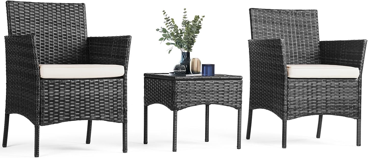 Sweetcripy Patio Furniture Set 3 Pieces, Outdoor Furniture with Soft Cushion and Glass Table, All Weather Manual Weaving Wicker Rattan Patio Chairs for Garden, Terrace, Porch(Black and Beige) wourant