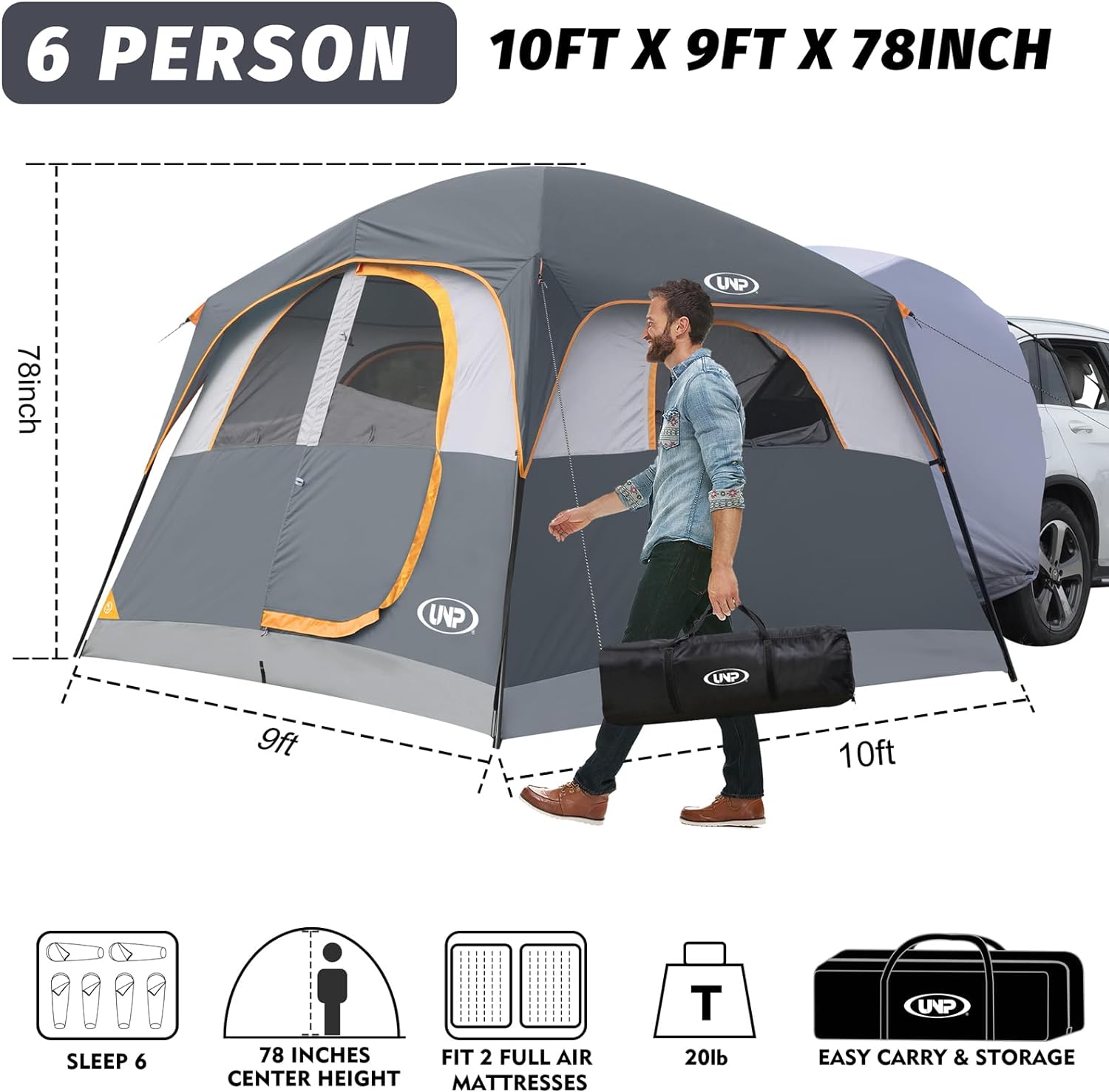 SUV Tent for Camping, 6-Person SUV Tailgate Tent - Easy Set Up with Rainfly, 10'x9'x78in(H) wourant