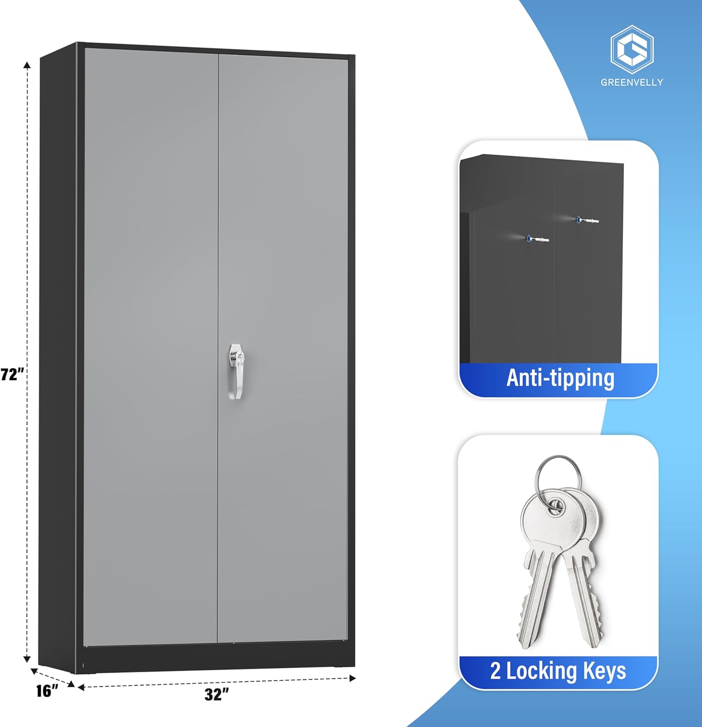Greenvelly Metal Storage Cabinet, 72" Black Locking Metal Cabinet with 2 Doors and 4 Adjustable Shelves, Lockable Garage Storage Cabinets for Home Office, Garage, Kitchen, Living Room wourant