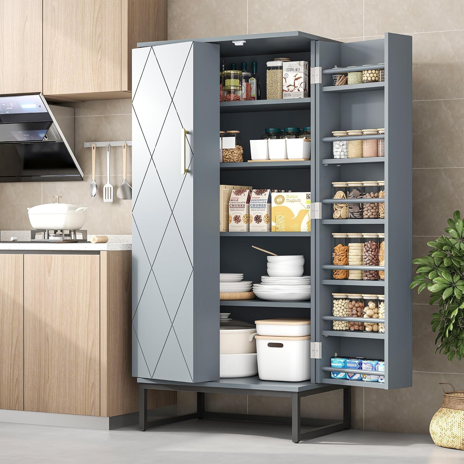 47 Pantry Cabinet, Kitchen Pantry Storage Cabinet with Doors and Adjustable Shelves wourant