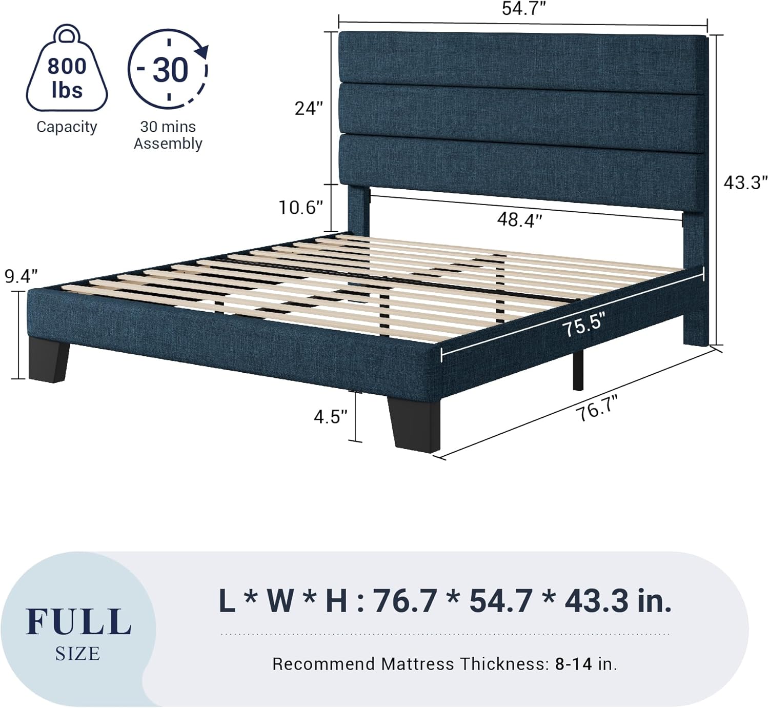 Allewie Queen Size Platform Bed Frame Fabric Upholstered Headboard Wooden Slats Support wourant
