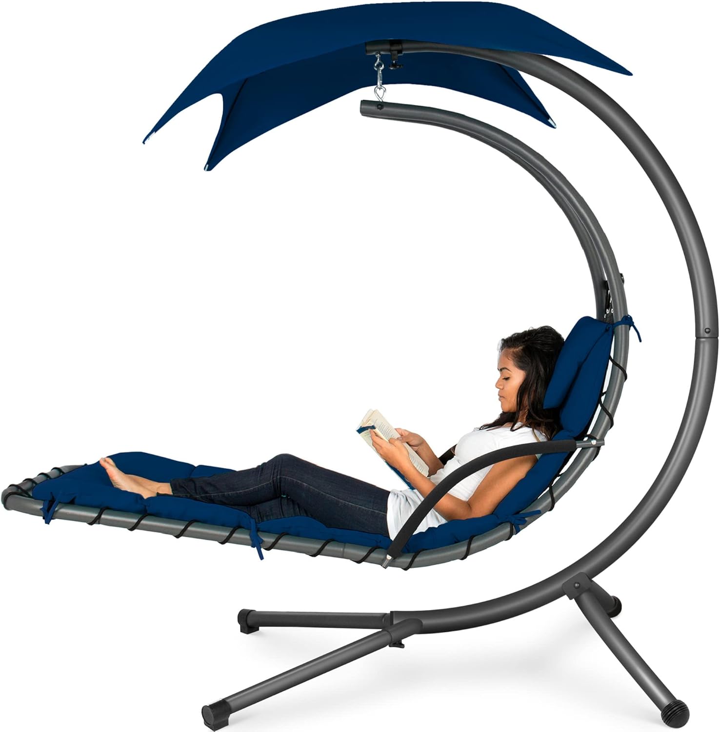 Best Choice Products Outdoor Hanging Curved Steel Chaise Lounge Chair Swing w/Built-in Pillow and Removable Canopy - Charcoal Gray wourant