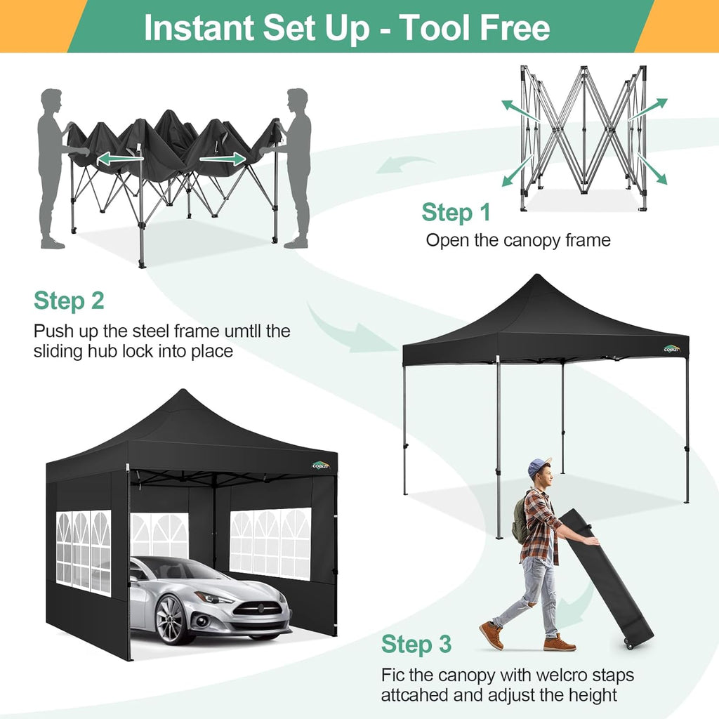 COBIZI 10x20 Heavy Duty Pop up Canopy Tent with 6 sidewalls Easy Up Commercial Outdoor Canopy Wedding Party Tents for Parties All Season Wind & Waterproof Gazebo with Roller Bag,Black(Frame Thickened) wourant