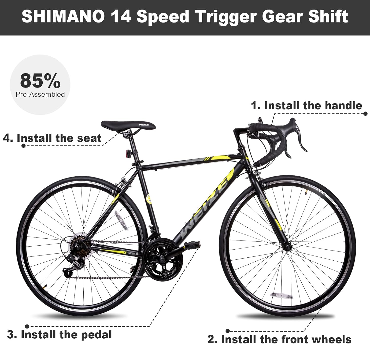WEIZE Road Bike, 700C Wheel City Commuter Bicycle, Shimano 14 Speed Drop Bar, Racing Adult Bike with Caliper Brakes, High-Carbon Steel Hybrid Bikes wourant