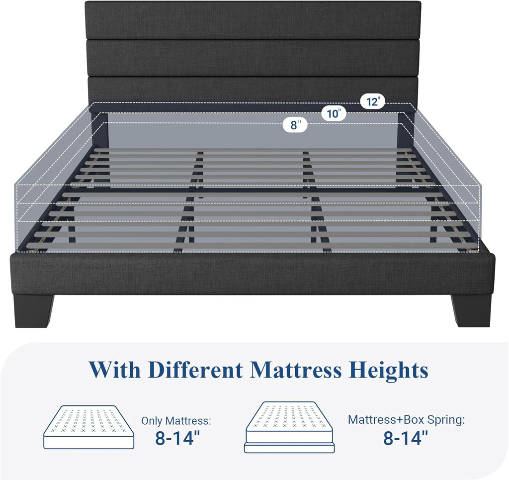 Allewie Queen Size Platform Bed Frame Fabric Upholstered Headboard Wooden Slats Support wourant