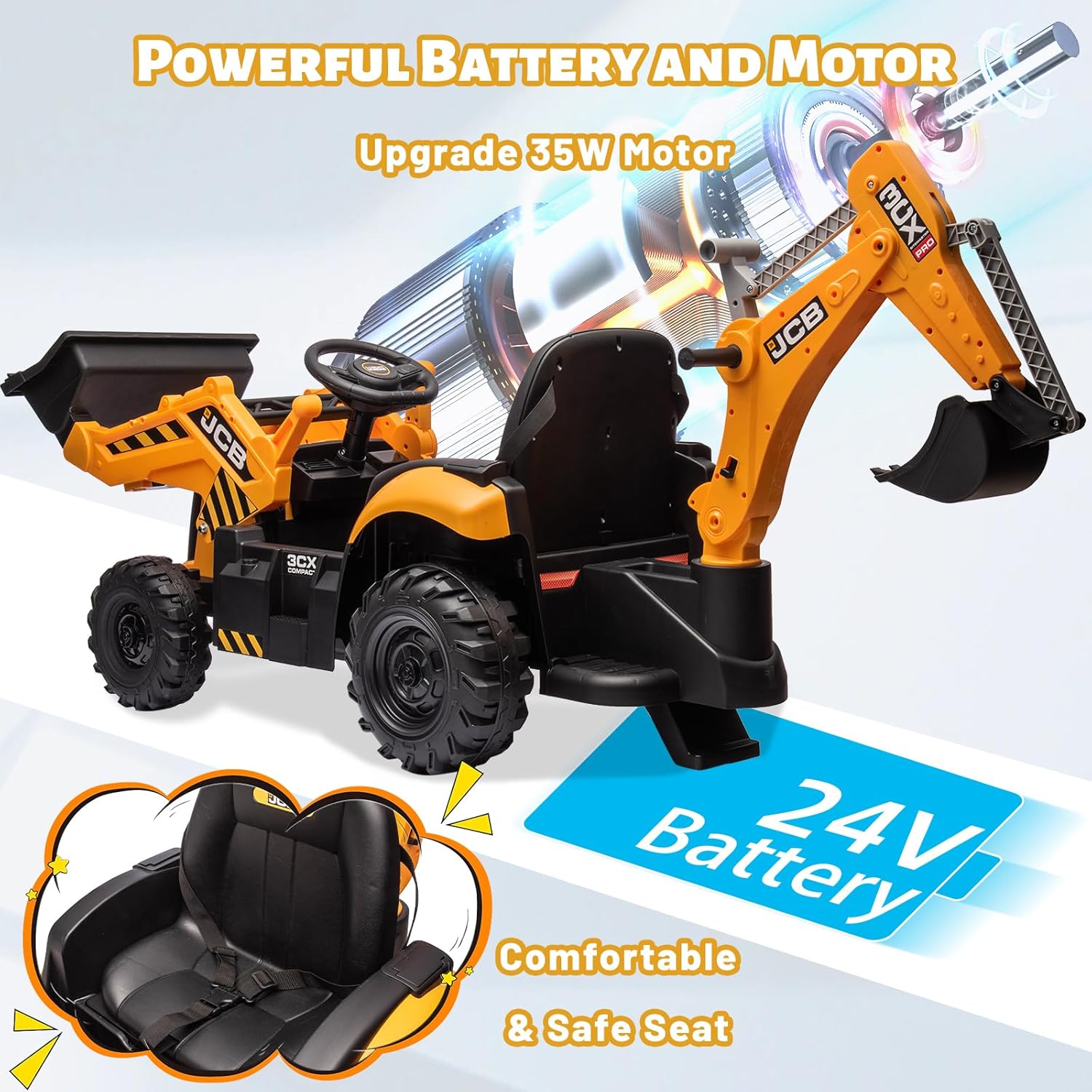 12V JCB Ride On Excavator, Ride on Toys for Kids 4-8, Electric Car for Kids with Tractor, Bulldozer, Digging Arm, Backhoe Toy Car with Slow Start/Stop, Adjustable Speeds wourant