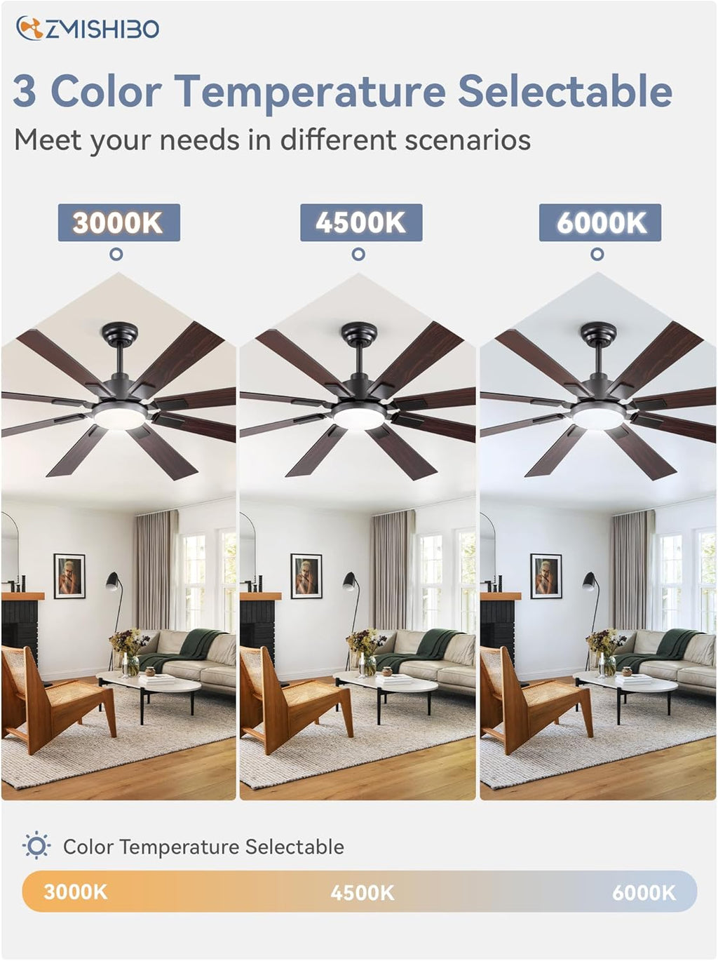 ZMISHIBO 72 inch Large Ceiling Fans with Lights and Remote, Indoor/Outdoor Black Modern Ceiling Fan for Kitchen Living Room Patio, 6 Speed Reversible Quiet DC Motor, 3 CCT, Dual Finish 8 Blades wourant