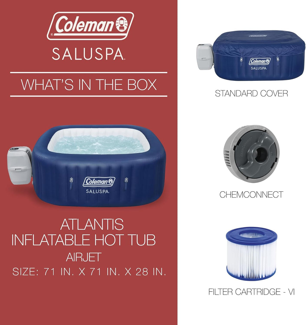 Coleman SaluSpa Atlantis AirJet 4 to 6 Person Inflatable Hot Tub Square Portable Outdoor Spa with 140 Soothing Jets with Cover, Blue wourant