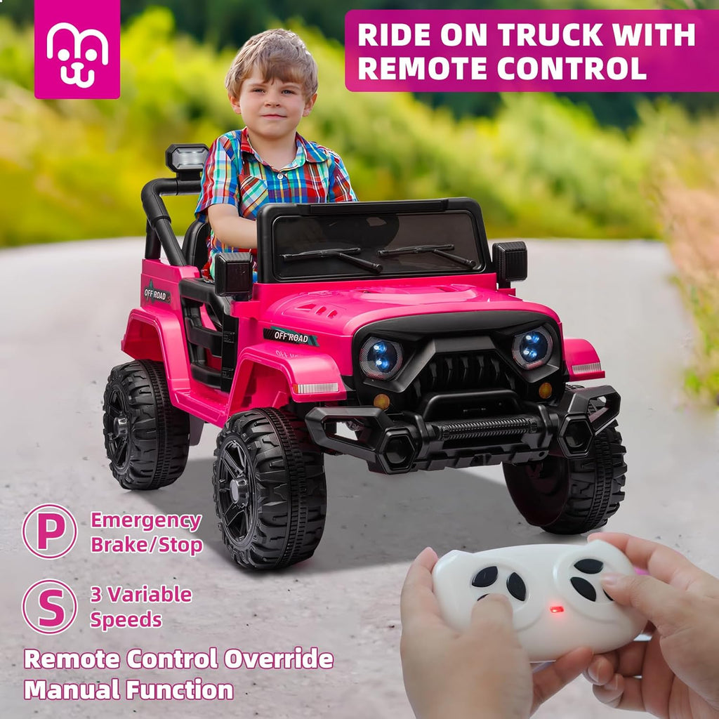 12V Kids Electric Ride on Truck Car Remote Control, Twin 35W Motors 3.5MPH Max Speed, Bluetooth USB Music Player, 4 Wheels Suspension LED Lights Safety Belt, Gift for Boy & Girl-Rosy wourant