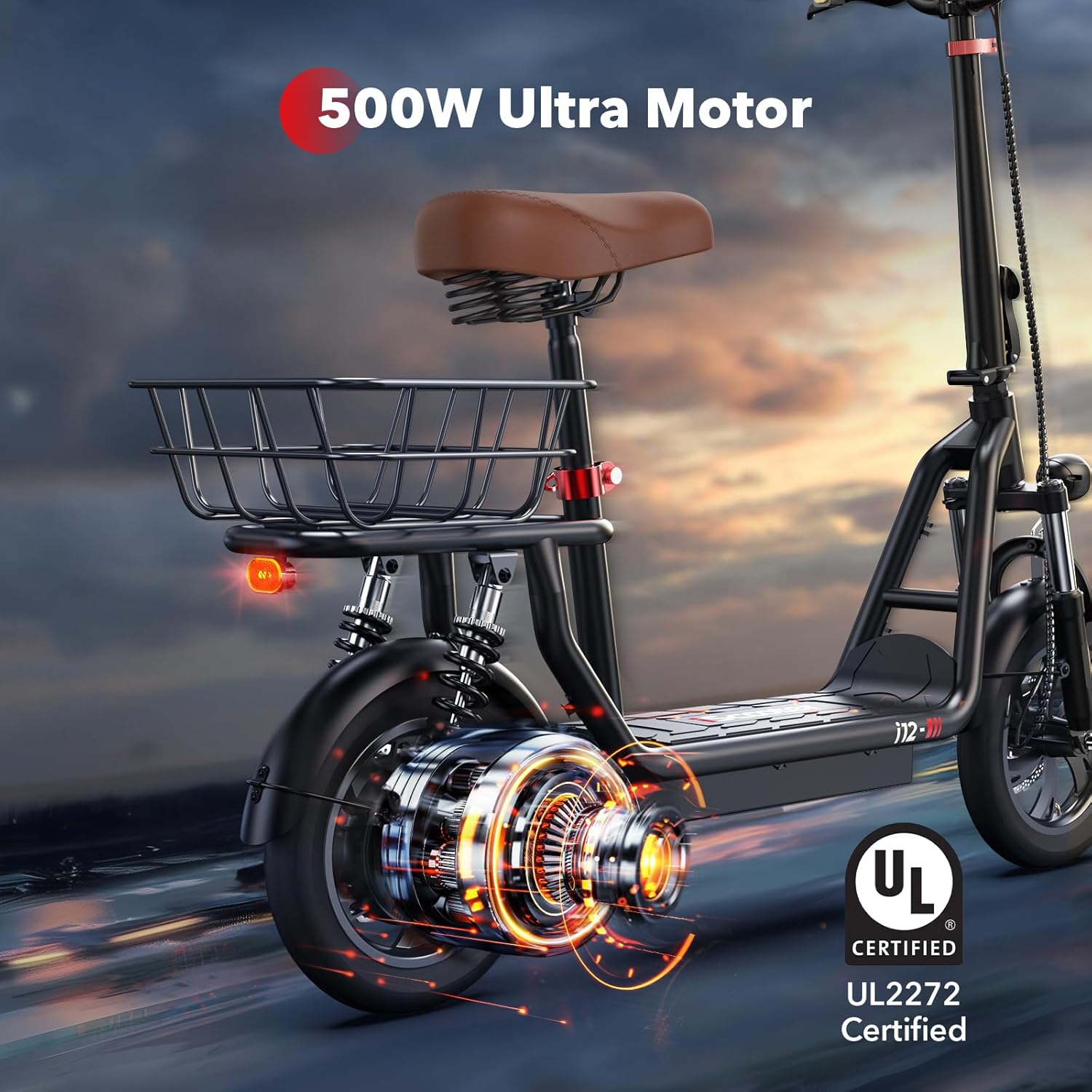 iScooter electric scooter with seat, 37/21 mile range, 28/19/15.6 mph top speed, dual suspension scooter with basket wourant