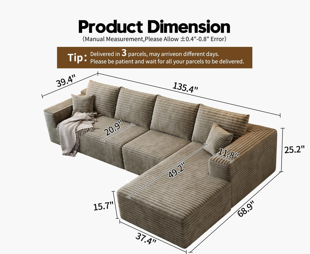 107.5 inch Cloud Modular Sectional Sofa with L-Shaped Chaise Lounge, Modern Minimalist Upholstered Sofa Deep Seating Corner Sofa wourant