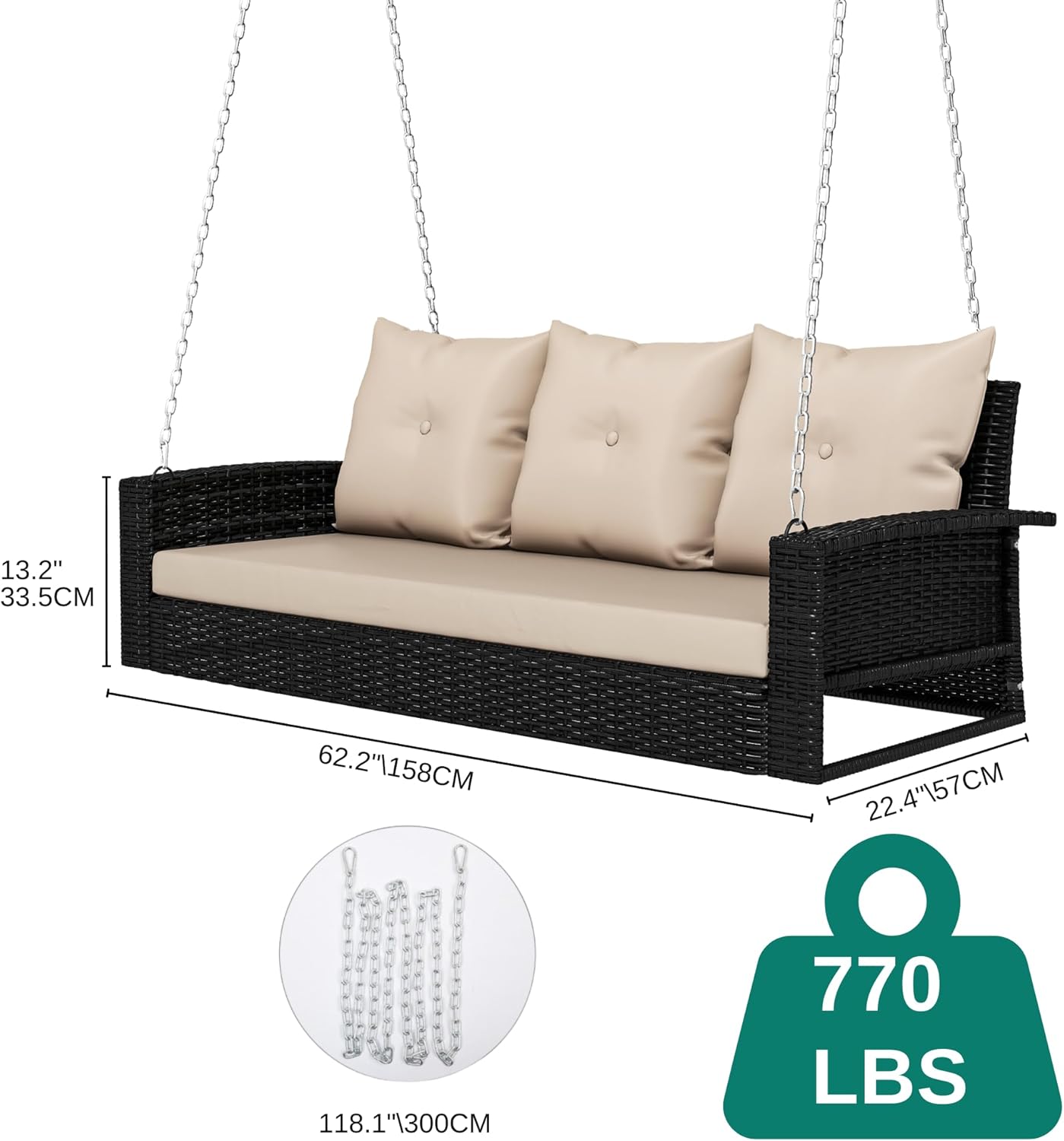 YITAHOME Hanging Porch Swing Chair Sits 3 People, Wicker Outdoor Swing Bench, Patio Lounge Chair, 1 Seating Cushion and 3 Back Cushions, w/Removable Covers, for Garden, Balcony, Backyard, Brown wourant