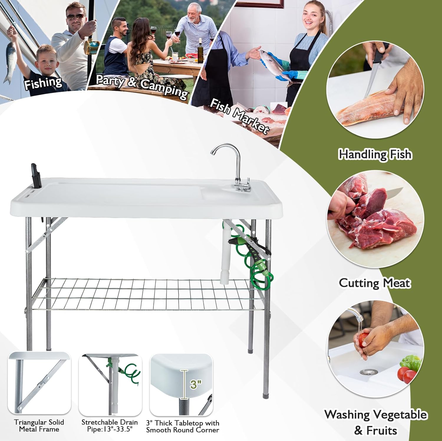 Folding Fish Cleaning Table Portable Camping Sink Table with Faucet Drain Hose and Sprayer Outdoor Fish Fillet Cleaning Station wourant