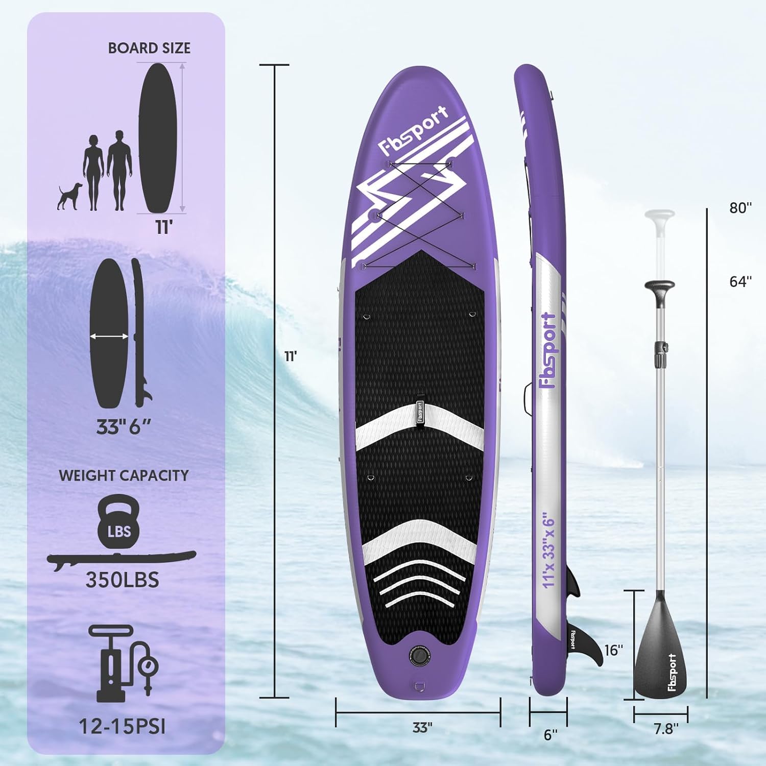 FBSPORT 11' Premium Stand Up Paddle Board, Yoga Board with Durable SUP Accessories & Carry Bag | Wide Stance, Surf Control, Non-Slip Deck, Leash, Paddle and Pump for Youth & Adult wourant