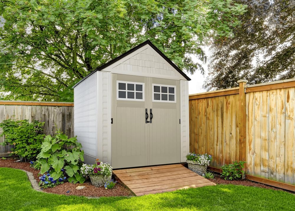 Rubbermaid Resin Outdoor Storage Shed With Floor (7 x 7 Ft) Weather Resistant Gray Organization for Home/Backyard/Garden Tools/Lawn Mower/Bike Storage/Pool Supplies wourant