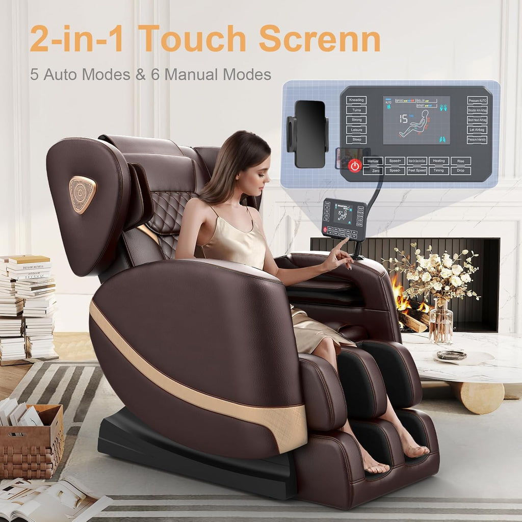 2025 Massage Chair Full Body, Zero Gravity Massage Chair with 10 Fix Rollers, Heating, Foot Massage, Auto Modes, Bluetooth Speaker, Touch Screen Controller (Black & Brown) wourant
