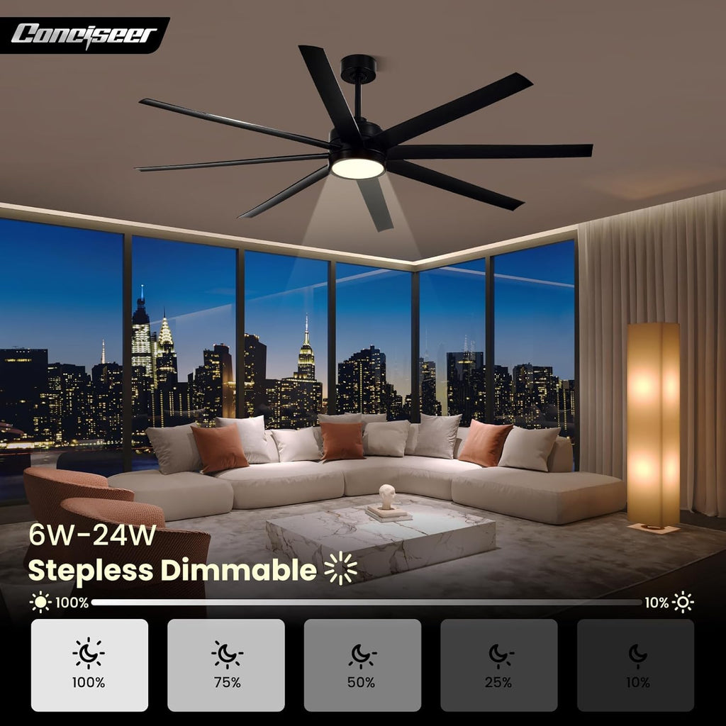 Modern Ceiling Fans with Lights, 72 Inch Ceiling Fan with Light and Remote, Bedroom Living Room Library Cafe Outdoor/Industrial,24W 3CCT Dimmable, 8 Blades 6 Speed Reversible Quiet DC Motor, Black wourant