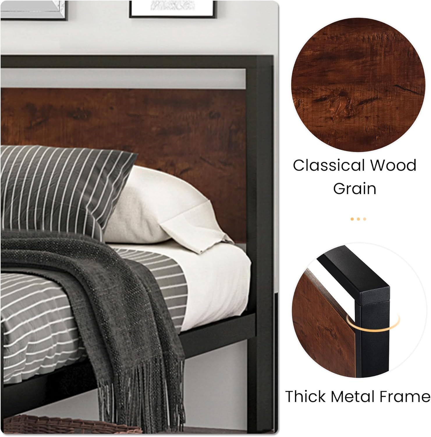 SHA CERLIN 14 Inch Full Size Metal Platform Bed Frame with Wooden Headboard and Footboard wourant