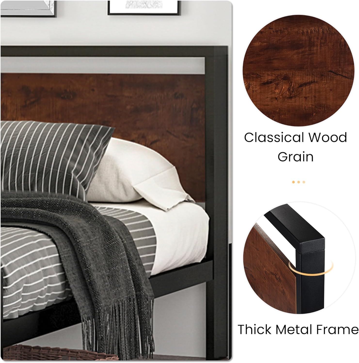 SHA CERLIN 14 Inch Queen Size Metal Platform Bed Frame with Wooden Headboard and Footboard wourant