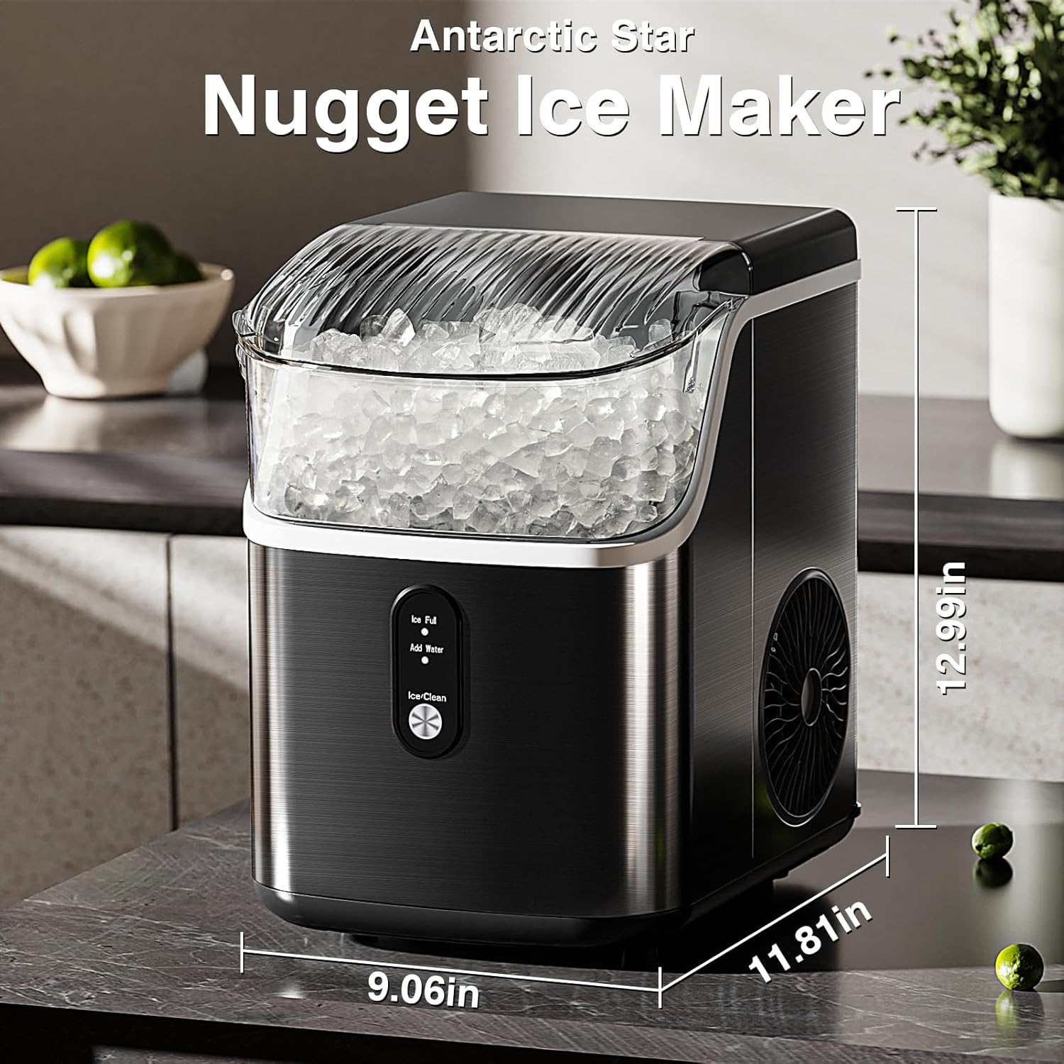 Nugget Ice Makers Countertop, Pebble Ice Machine with Chewable Pellet Ice, 34Lbs/24H, Self-Cleaning, Sonic Ice, One-Click Operation, for Kitchen,Office Stainless Steel Silver wourant