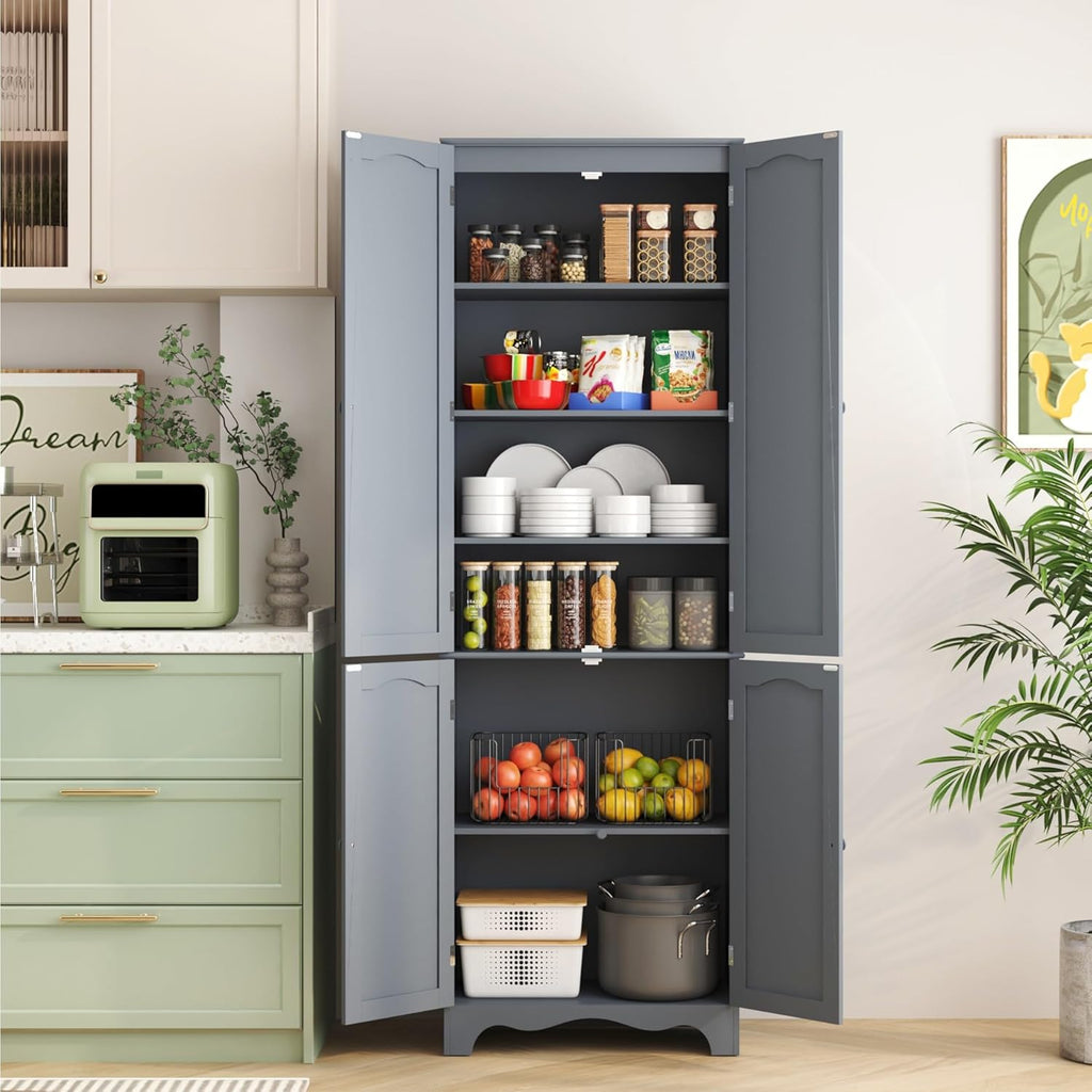 Tall Pantry Cabinet, Freestanding Storage Cabinet, Wooden Kitchen Pantry with 4 Doors and 5 Shelves, 72" Floor Cabinet Organizer wourant