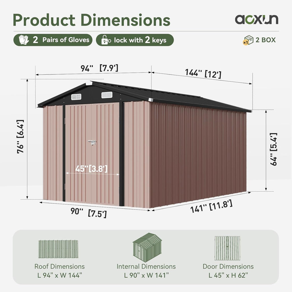 Aoxun 12x10 FT Shed Metal Outdoor Waterproof Storage Shed Steel Utility Garden Tool Shed with Door & Lock Outdoor Storage for Garden Patio Lawn Poolside, Brown wourant