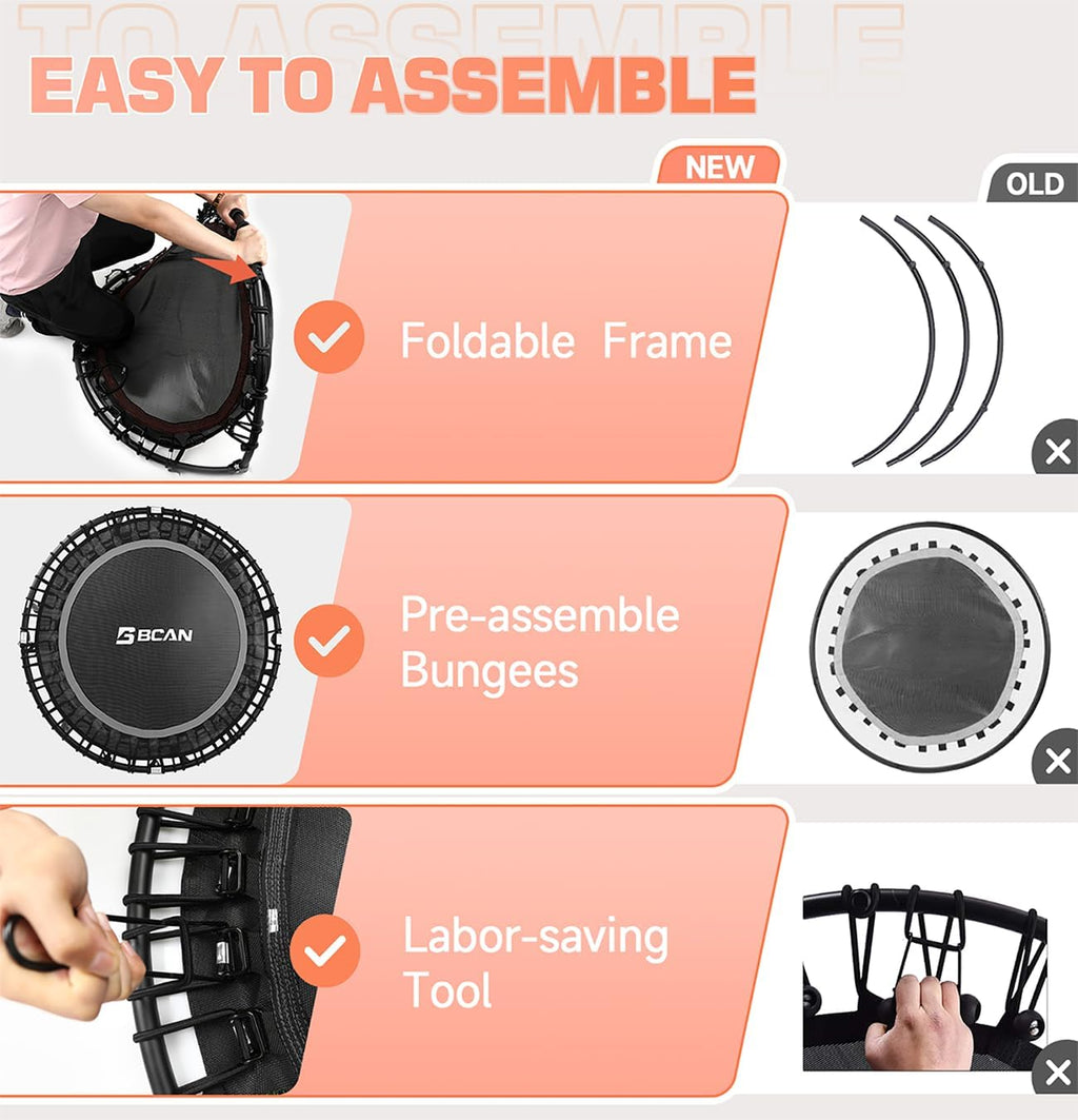 BCAN 450/550 LBS Foldable Mini Trampoline, 40"/48" Fitness Trampoline with Bungees, U Shape Adjustable Foam Handle, Stable & Quiet Exercise Rebounder for Adults Indoor/Outdoor Workout wourant