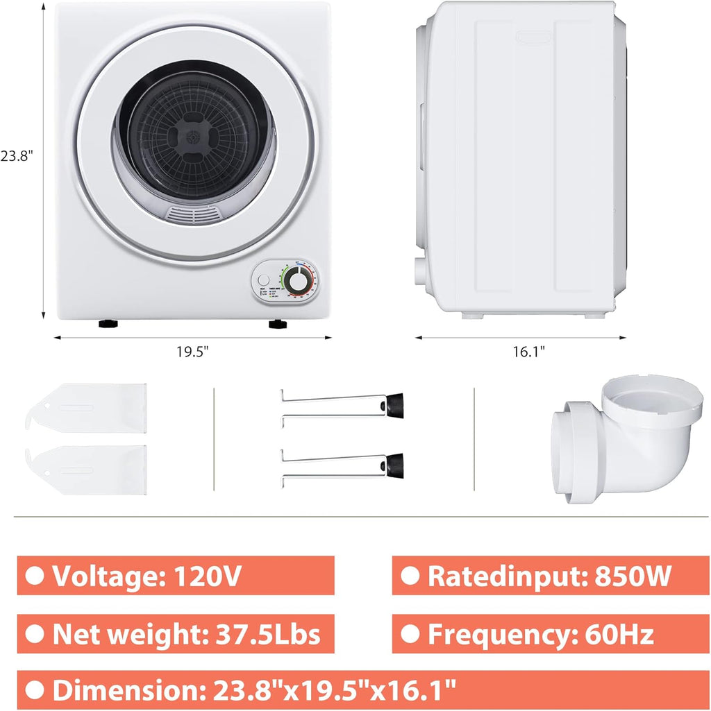 Compact Laundry Dryer, 3.5 cu ft Front Load Stainless Steel Clothes Dryers With Exhaust Pipe, 1500W, LCD Control Panel Four-Function Portable Dryer For Apartments, Home, Dorm, White wourant