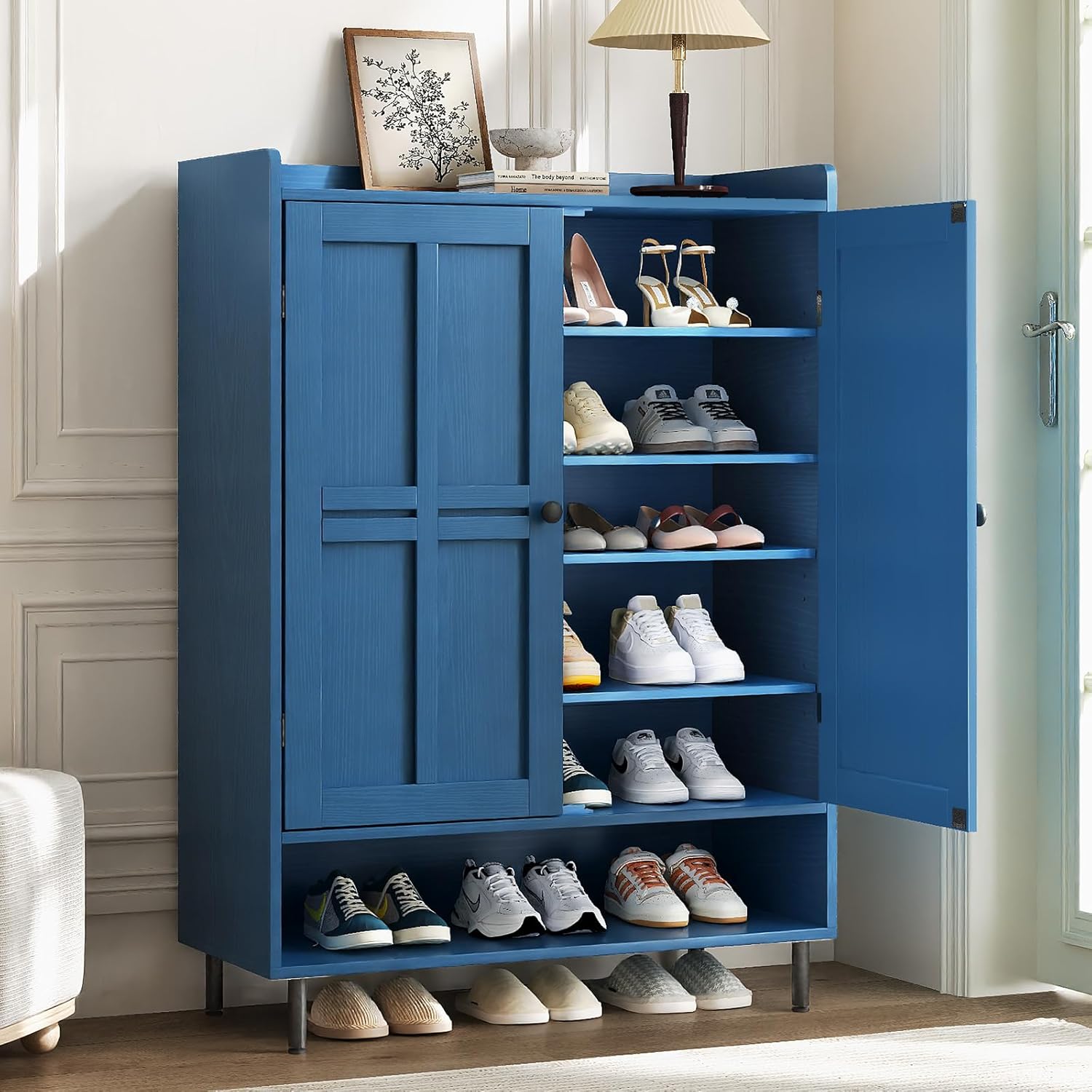 Black 7+1 Tier Farmhouse Shoe Storage Cabinet - 45" Tall Entryway Organizer wourant