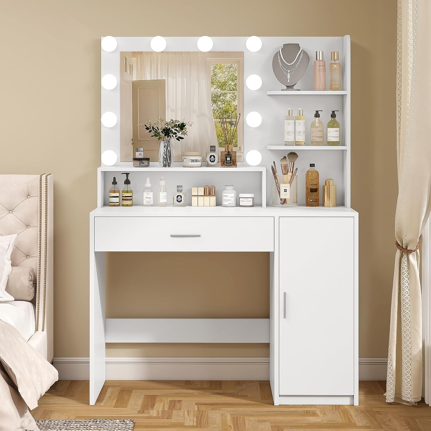 Quimoo Vanity Desk with Mirror & Lights, Makeup Vanity with 5 Drawers & Storage Shelves wourant